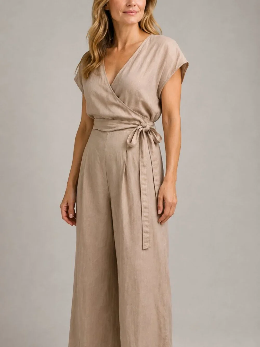 Wilfred Linen Lyocell Wrap Wide Leg Jumpsuit Size 2 Beige Neutral Resort